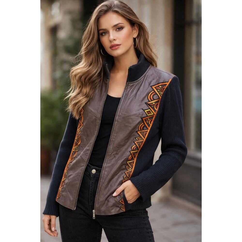 Bob Mackie Wearable Art 100% Leather Jacket L Tribal Embroidery Brown Blk Ribbed
